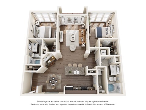 Floor plan for 2 beds, 2 baths, 1104 sqft
